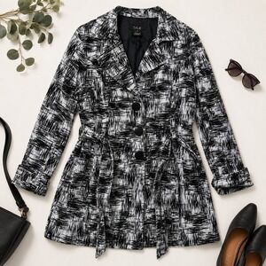 Talie Trench Coat XL Black White Abstract Print Belted Lightweight Jacket